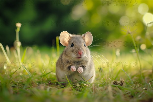 Cute mouse with large ears, exploring the vibrant green grass on a sunny day, AI generated