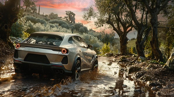 Silver luxury car driving through a muddy road among olive trees, AI generated