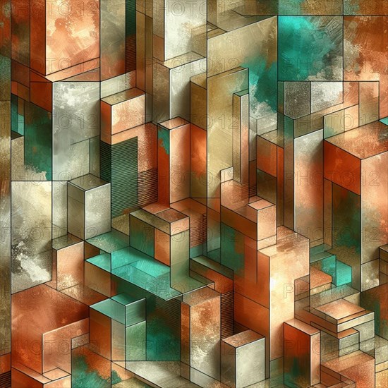 Green and copper geometric shapes creating an illusion of depth with a textured surface, AI generated