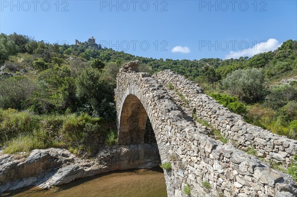 Historic arch bridge Le Pont des Fees over the river La Garde, Grimaud-Village, Var, Provence-Alpes-Cote d'Azur, France, Europe