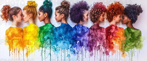 A row of women's profiles in vibrant rainbow colors, celebrating diversity through watercolor with a dripping effect, banner 3:1 wide style, horizontal aspect ratio, AI generated