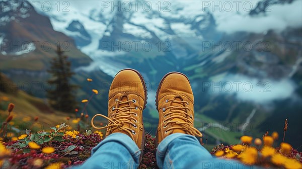 Feet in yellow boots overlooking a breathtaking mountain landscape, embodying peace and scenic grandeur, AI generated