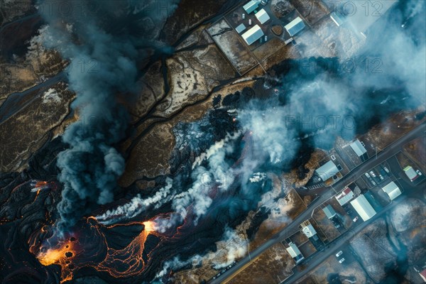 Drone image, aerial image, of a lava flow entering a settlement area after a volcanic eruption and destroying the infrastructure, symbolic image for natural disasters, AI generated, AI generated, AI generated