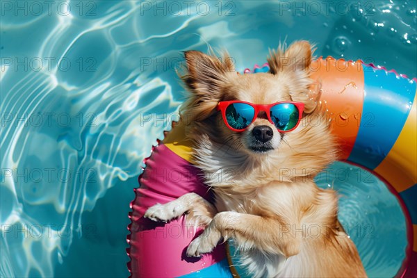 Cute Pomeranian dog with red sunglasses lying in floating tire in swimming pool water. KI generiert, generiert, AI generated