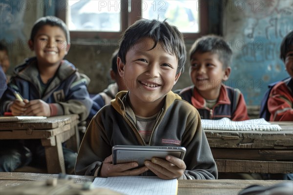 Preschool boy sitting in the classroom with a digital tablet and looking smiling into the camera, symbolic image, digital teaching, learning environment, media competence, eLearning, media education, AI generated, AI generated, AI generated