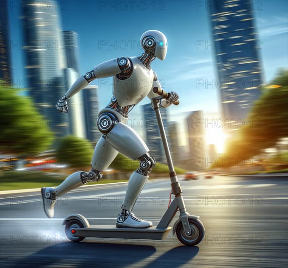 A humanoid robot rides on an electric scooter, an e-scooter, on the road through the city, road traffic, electromobility, mobility, cybernetics AI generated, AI generated
