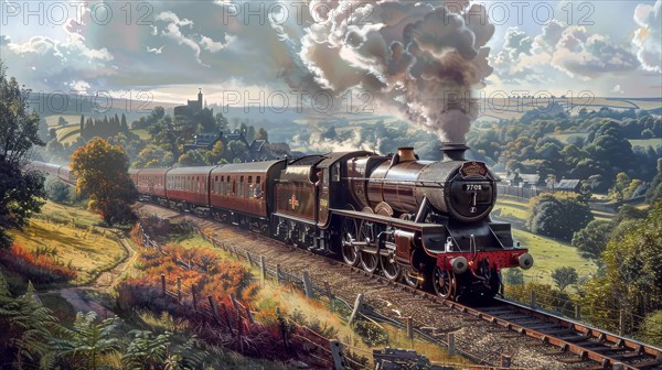 A classic steam locomotive moves along a track on a sunny day with clouds above rolling hills, ai generated, AI generated