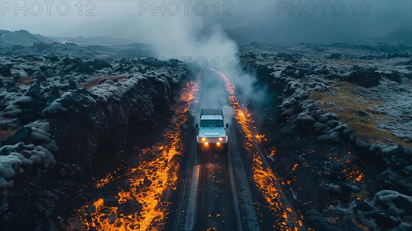 Four-wheel drive making its way across rocky lava fields at night, action sports photography, AI generated