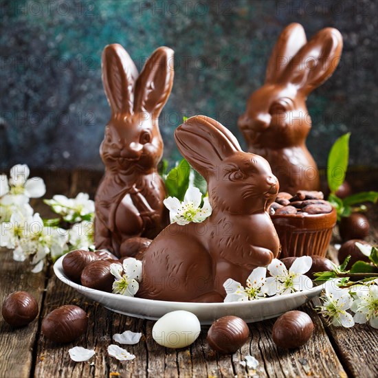 Chocolate Easter bunny on a plate with white flowers, surrounded by rustic wood, symbolising Easter, AI generated, AI generated