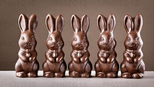 Six brown chocolate bunnies next to each other on a light background, Easter symbol, AI generated, AI generated