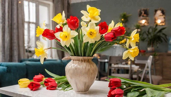 A large bouquet of yellow daffodils and red tulips in a vase stands on the table in the flat, AI generated, AI generated