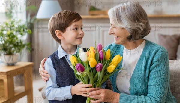 A boy joyfully presents his grandmother with a colourful bouquet of tulips, KI generated, AI generated