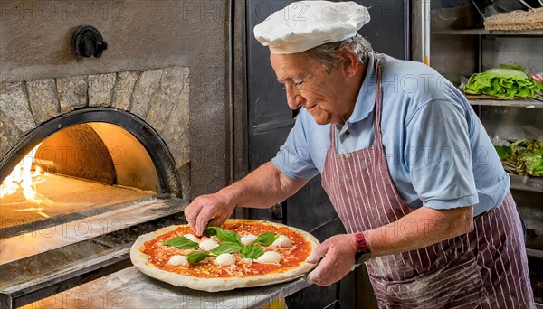 Pizza baker in Naples, Italy, preparing a pizza, in front of the pizza oven, AI generated, AI generated, Europe