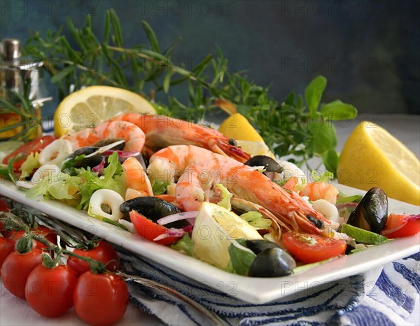 Food, Seafood salad, Frutti di Mare, on a plate, AI generated, AI generated
