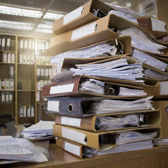 Piles of files and folders chaotically lined up in an office, symbolism bureaucracy, AI generated, AI generated
