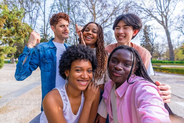 Personal perspective of a group of young happy diverse friends taking a group selfie in a park