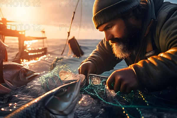 Fisherman meticulously sorting through catch separating valuable fish discarding bycatch, AI generated, deep sea, fish, squid, bioluminescent, glowing, light, water, ocean