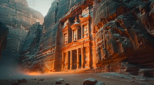 Sunlight illuminates the ancient sandstone facade of Petra in Jordan, casting dramatic shadows, ai generated, AI generated