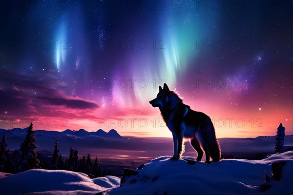 Lone wolf silhouette perches on a snow clad ridge inviting the illustrious display of aurora borealis, AI generated
