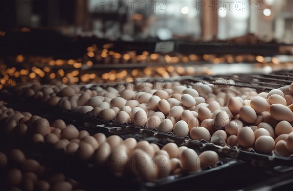 Egg production in a factory, eggs on a conveyor belt, AI generated