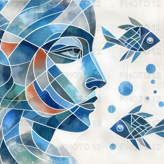 Abstract minimalist mosaic of a woman's profile with fish and geometric shapes in blue over white, greek ancient style, square aspect, AI generated
