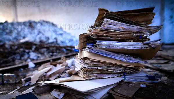 Piles of papers and documents in a destroyed environment, symbol bureaucracy, AI generated, AI generated