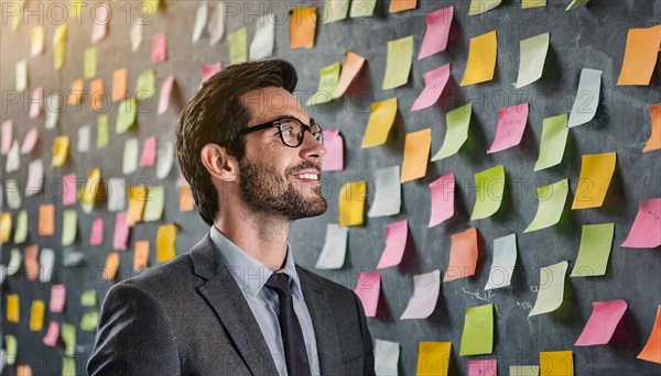 A smiling businessman looks thoughtfully at post-it notes on a wall, symbolising bureaucracy, AI generated, AI generated