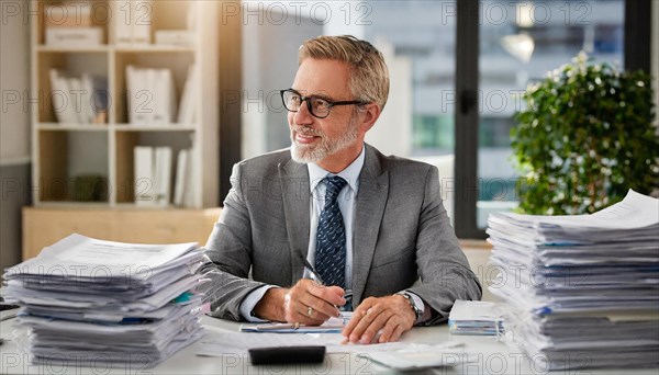 A smiling businessman sits at his desk and looks at documents, symbolising bureaucracy, AI generated, AI generated