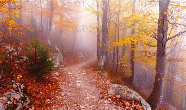 Serene forest trail in autumn with fallen leaves, shrouded in a gentle mist AI generated