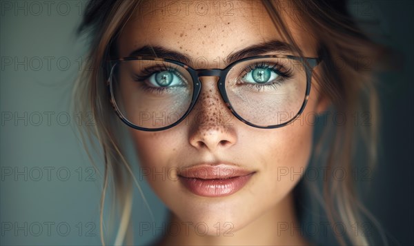 Portrait of a young woman with blue eyes, glasses, and freckles, illuminated by soft lighting AI generated