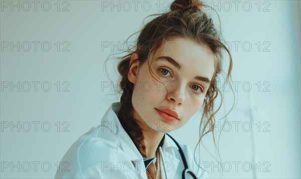 A young female doctor in professional attire appears focused and determined AI generated