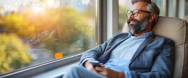 Relaxed man commuting wear lounging with a smartphone in public transport, AI generated