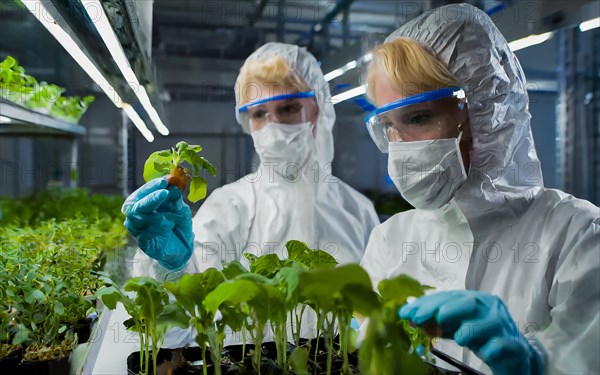 Biologists in protective suits grow vegetables in the lab, the concept of biotechnology, plant care and protection against diseases, organic food production, AI generated, AI generated