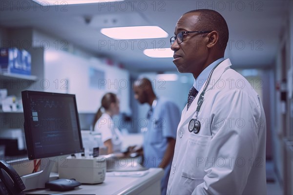 A male doctor in a hospital setting stands seriously by a computer monitor, AI generated