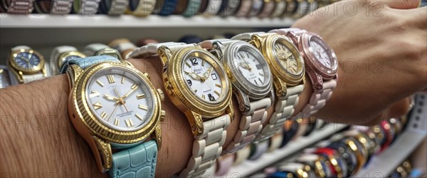 Hands choosing from a variety of swiss wristwatches laid out in retail display, AI generated