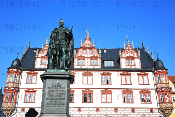The historic old town centre of Coburg with a view of the statue of Albert Prince of Saxony. Coburg, Upper Franconia, Bavaria, Germany, Europe