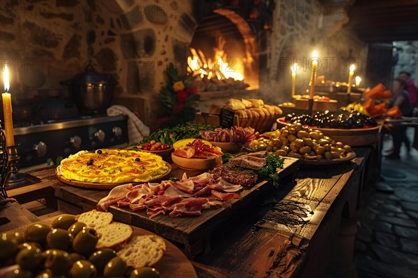 Warm candlelight illuminates a medieval-style feast with rustic dishes and a stone hearth, AI generated
