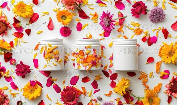 Three creme jar blank mockups nestled amidst delicate flower petals on a white background AI generated