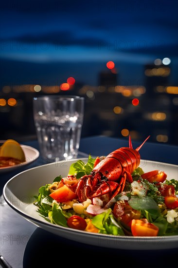 Gourmet lobster salad on a rooftop restaurant table city skyline backdrop, AI generated