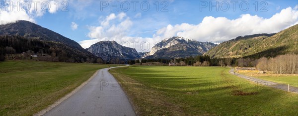 Country road in front of mountain panorama, mountain Pribitz, mountain Messnerin, panoramic view, Oberort, municipality Tragoess-St. Katharein, Styria, Austria, Europe