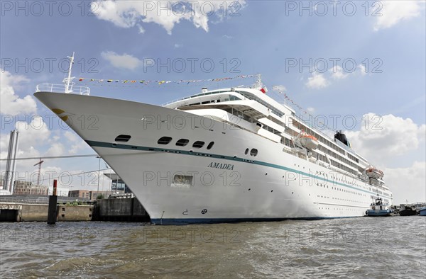 AMADEA, Large cruise ship at a pier with blue sky in the background, Hamburg, Hanseatic City of Hamburg, Germany, Europe
