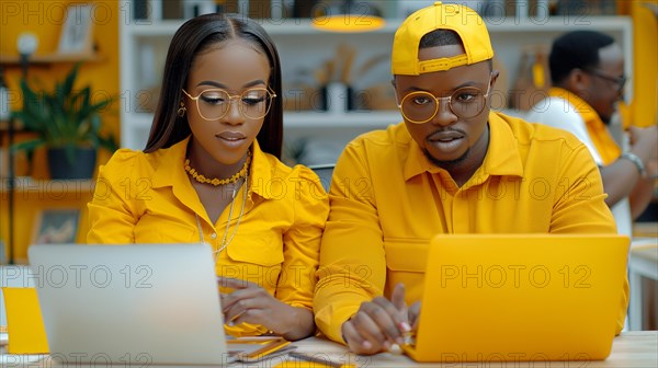 Two african individuals in matching yellow outfits working on laptops in an office setting, AI generated