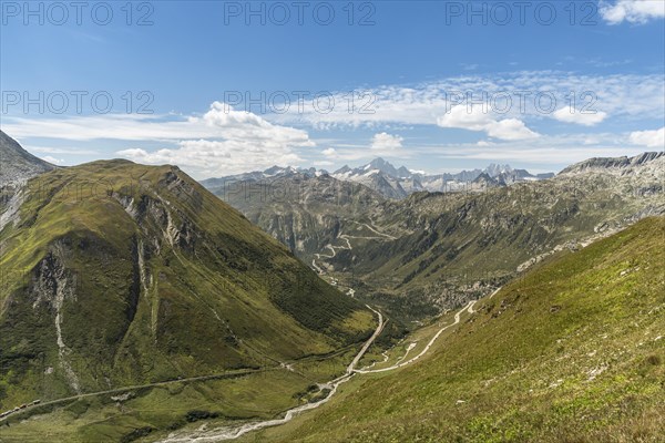 View from the Furka Pass into the Rhone Valley, in the background the serpentines of the Grimsel Pass road, Obergoms, Canton Valais, Switzerland, Europe
