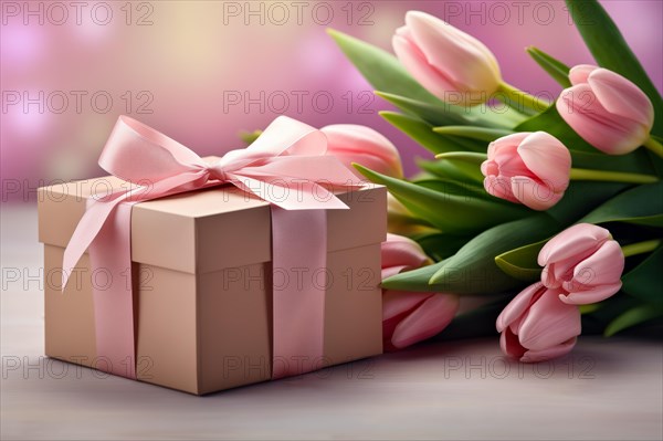 Gift Box with Pink Ribbon Beside bouquet of Fresh Tulips on Bokeh Background. Good for Valentine day, March 8, mother day, spring holidays, birthday designs, AI generated