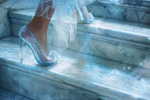 Close up of woman's feet in glass high heel shoes walking up stairs. KI generiert, generiert, AI generated