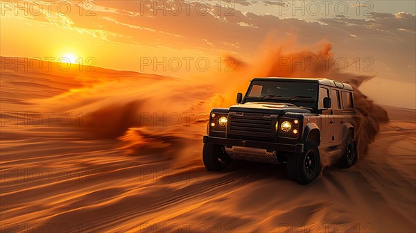 An off-road vehicle racing in the desert, trailing a cloud of dust at sunset, AI generated
