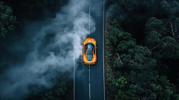 Aerial view of an orange sports car on a winding road through a foggy forest, drone aerial view, AI generated