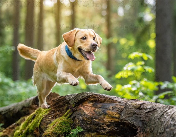 Dog, young Labrador running in the forest and jumping over a lying tree trunk, AI generated, AI generated