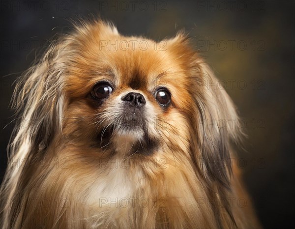 Dog, Pekingese, portrait, head only, puppies, dark background, AI generated, AI generated