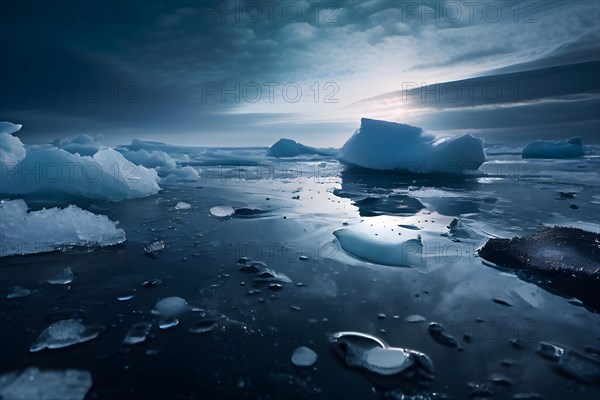 Ice chunks floating in dark oil slicked water showing the impact of oil spills on polar regions, AI generated